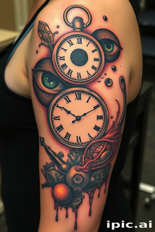 Surrealist tattoo titled "Dreamweaver's Vision" depicting melting clocks, floating eyes, and impossible structures inspired by Salvador Dali's artwork