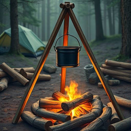 Create a detailed illustration of a campsite scene featuring a wooden tripod support with a hanging pot over a fire, surrounded by campfire materials, shot with a DSLR camera at f/8 aperture, ISO 200, 50mm lens, in natural light, focusing on sharp detail and contrast.