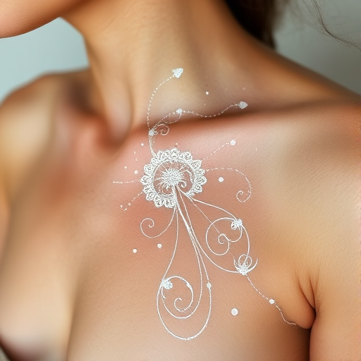 Ethereal white ink tattoo titled "Gossamer Dreams" featuring delicate, lace-like patterns and intricate filigree designs that seem to float on the skin like wisps of smoke or fine spider silk. This style utilizes only white ink, creating a subtle, almost ghostly appearance that becomes more visible when the skin is tanned or under certain lighting conditions. The design incorporates flowing lines, swirls, and delicate dots to create an overall effect of lightness and otherworldly beauty. The "Gossamer Dreams" style is characterized by its minimalist approach, relying on negative space and the natural tone of the skin to enhance the ethereal quality of the tattoo. This unique tattoo style appeals to those seeking a discreet yet enchanting form of body art that appears to shimmer and change with the light.