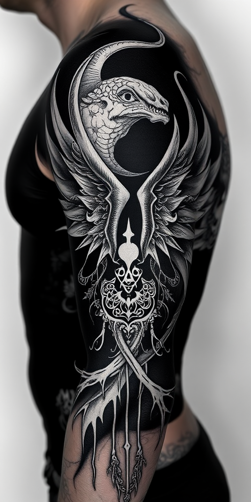 Blackout tattoo named "Void Embrace" featuring large areas of solid black ink with intricate white ink designs etched on top, creating a striking contrast and unique reversal of traditional tattoo aesthetics