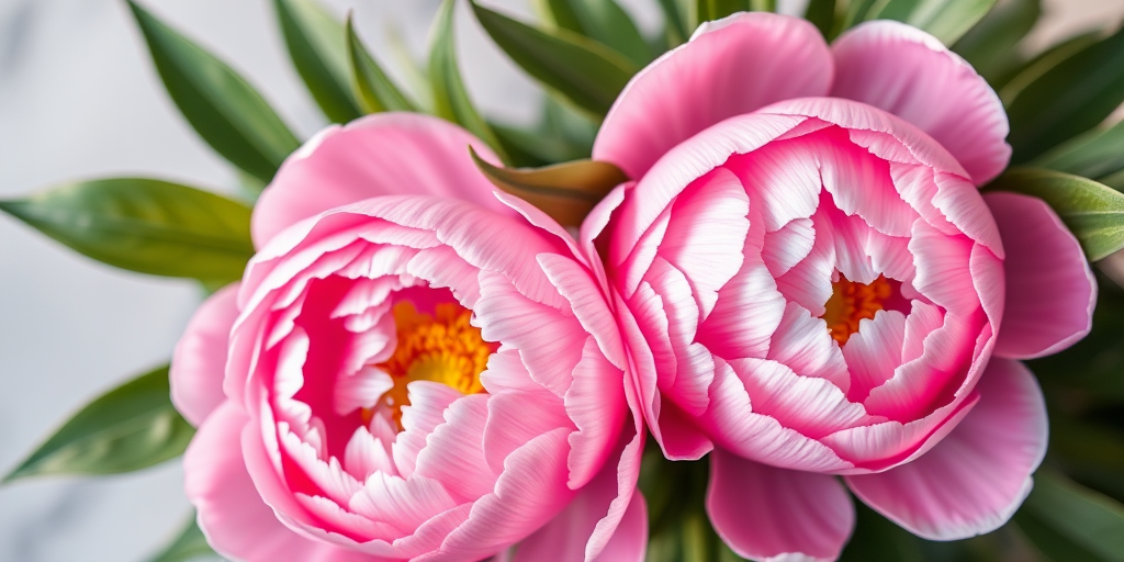 Create a high-resolution digital illustration of two pink peonies with detailed petals and leaves, soft natural lighting, macro lens, f/2.8 aperture, ISO 100, 50mm lens, top-down view, vibrant colors and sharp focus.
