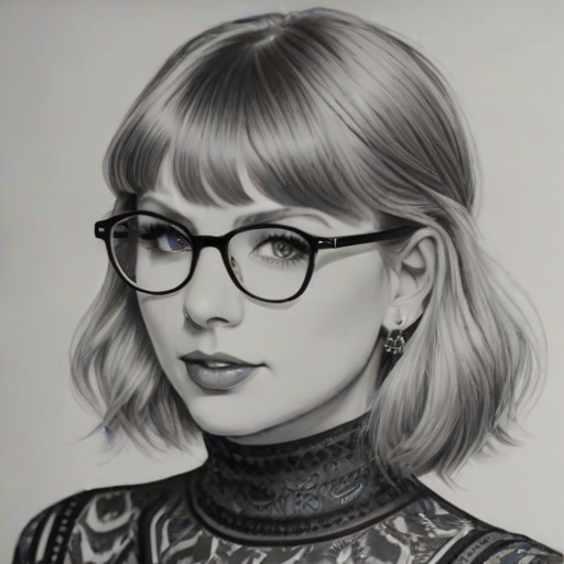 Exquisite Taylor Swift, pencil sketch, portrait of Sublime woman 1927s in glasses, hair style beatnik, outline, clear lines, fine lines, 8k