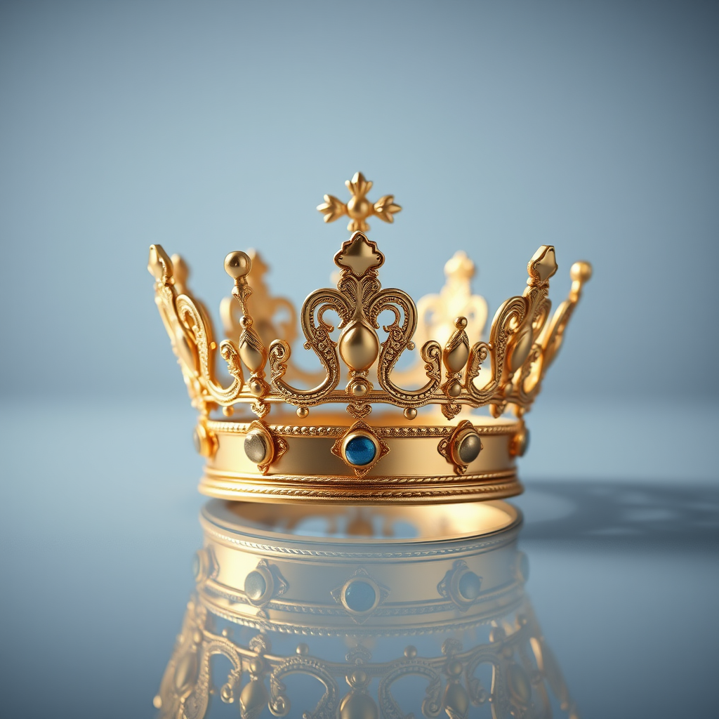 Create a high-resolution image of a gold crown with intricate detail, shot with a Canon EOS R5, ISO 100, f/8, 1/125s, in a soft light studio setup to enhance texture and reflections.