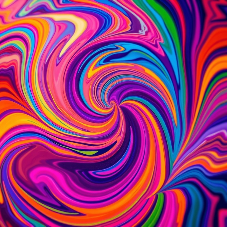 Generate a vibrant abstract image with colorful swirls and patterns using a DSLR camera, f/5.6 aperture, ISO 100, 1/125 shutter speed, and a wide-angle lens, capturing a close-up view to enhance texture and detail.