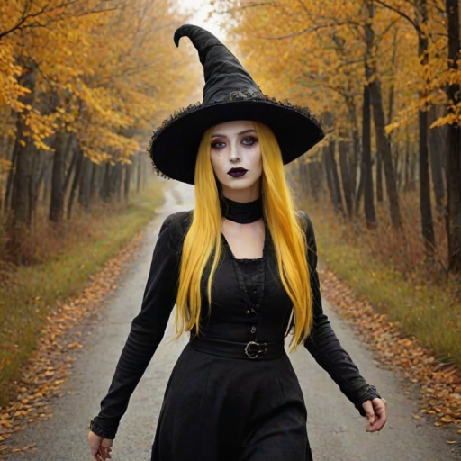 digital art fantasy depicting a strange girl with Yellow hair, long eyelashes, black lipstick and a tall hat walking along a winding road on an autumn afternoon, an Turkey smiles as she passes