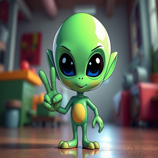 Create a high-resolution digital illustration of a cartoon alien with a peace sign, using a DSLR camera at f/2.8 aperture, ISO 100, 35mm focal length, shot from a low angle, with a soft focus background and vibrant colors for enhanced detail.