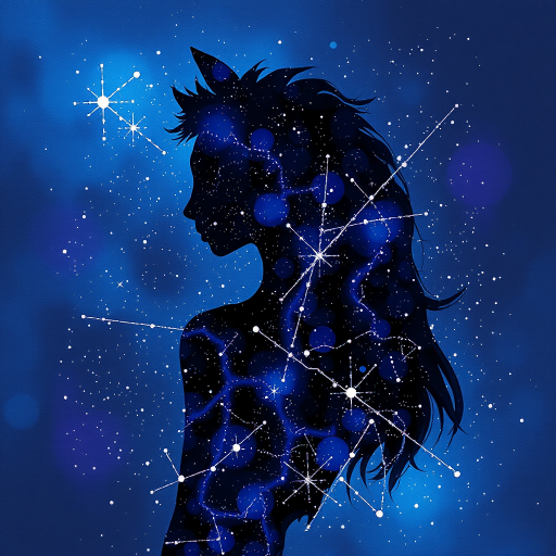 Captivating conceptual render alcohol ink art, double exposure, the paint strokes artfully merge combining a woman's full silhouette with a Adorable alpaca's silhouette. The figures are composed of a series of colored dots, lines & spots that evoke the image of a cosmic galaxy, colors are deep shades of blue purple & black with flashes of white & silver representing distant stars. The woman's silhouette is formed within the lion's silhouette from constellations of scattered stars, surreal