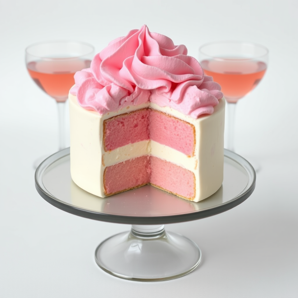 Create an image of a layered dessert with pink whipped cream on top a creamy white layer and a pink layer beneath it. The dessert is partially cut, showcasing the layers, and is served on a round cake stand. Surround the dessert with elegant glassware filled with a pink beverage. The background should be light and soft, enhancing the dessert's vibrant colors.