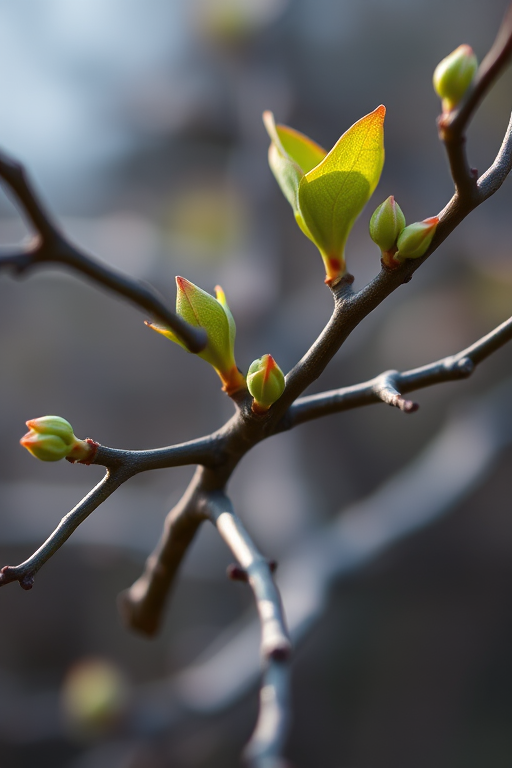 Close-up macro shot of twisted branches with fresh leaves emerging, natural light, f/2.8 aperture, 1/200 sec shutter speed, ISO 100, 50mm lens, taken with a DSLR camera.