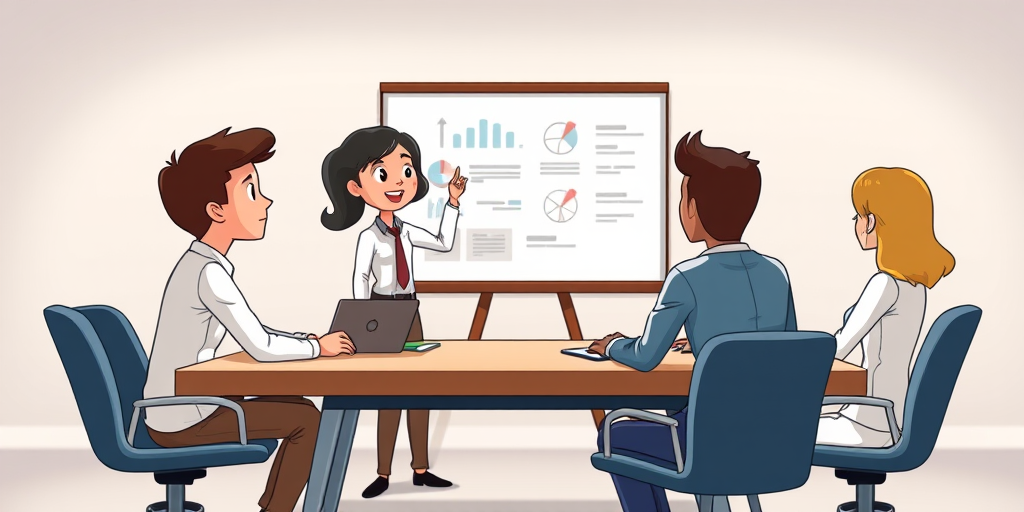 Create a high-quality illustration of a business meeting with four diverse cartoon characters around a table, one person presenting in front of a flip chart, use a DSLR camera with a 50mm lens, aperture f/2.8, ISO 100, and a soft focus background to enhance depth.