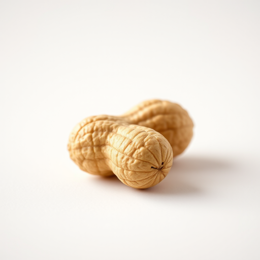 Create a high-resolution image of a stylized peanut on a plain background, using a DSLR camera with a 50mm lens, aperture set to f/2.8, ISO 100, and a shallow depth of field for a focused foreground and blurred background, capturing the intricate details and textures of the peanut.