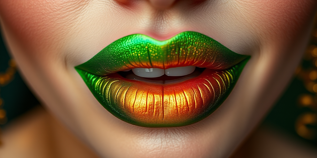 Multichrome green-gold-pink lips shift colors magically in the "Enchanted Forest" style, showcasing a unique tri-chrome effect that transforms from a deep emerald green to a warm gold and finally to a soft pink depending on the light and angle, creating a captivating and ever-changing lip look that's ideal for fantasy-themed makeup or high-fashion editorials