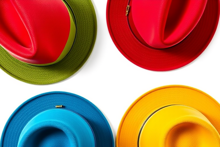 Create a high-resolution digital illustration of four stylish fedoras in vibrant colors: red, green, blue, and yellow, arranged in a square layout, captured from a top-down view using a DSLR camera with a 50mm lens at f/2.8, ISO 100, ensuring sharp focus and rich color saturation.