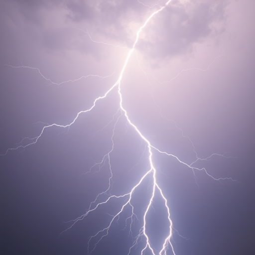 Generate an image of a lightning bolt with a high-resolution focus, using a 50mm lens, f/2.8 aperture, ISO 100, 1/500 sec shutter speed, shot in natural lighting with a DSLR camera from a low angle view for dramatic effect.