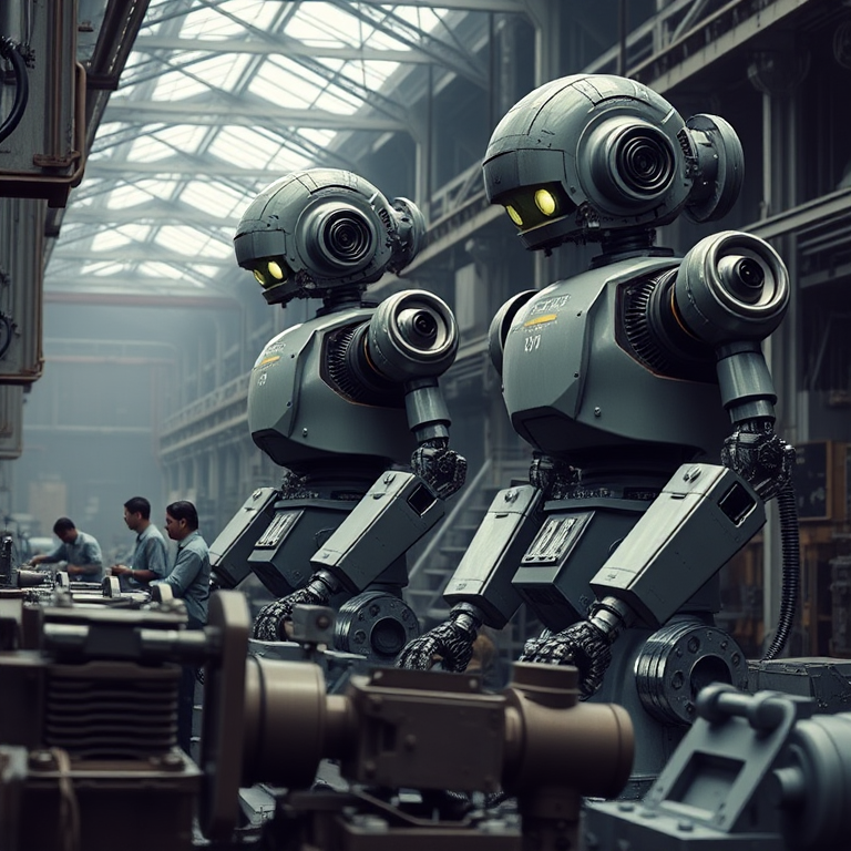 Generate an image of a vintage robot factory with two large humanoid robots and workers assembling machinery, shot with a Canon EOS 5D Mark IV at f/8, ISO 200, 24mm lens, with a wide angle view and soft lighting to enhance image quality.