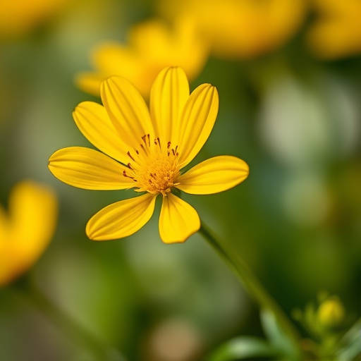 a vibrant yellow flower in full bloom captured in soft natural light, shallow depth of field, ISO 100, f/2.8, 1/1000 sec, 50mm lens, macro view, DSLR camera, high resolution
