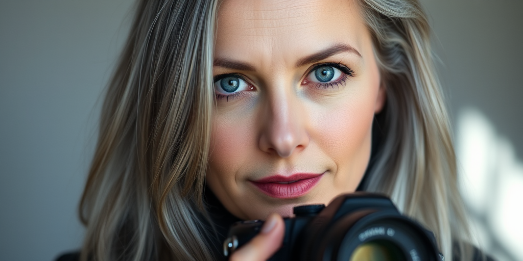 Capture a portrait of a woman with long gray hair and striking blue eyes, soft natural light, shallow depth of field, aperture f/2.8, 50mm lens, focus on the face, using a DSLR camera in a studio setting.
