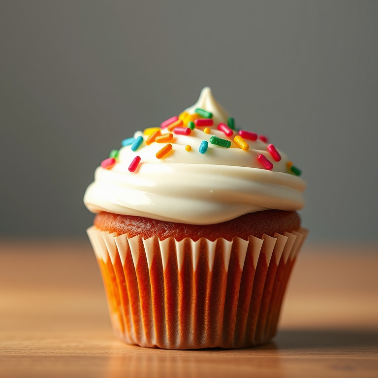 Create a high-resolution 3D rendering of a cupcake with a glossy white frosting topped with colorful sprinkles, use a Canon EOS R with a 50mm lens at f/1.8, ISO 200, shutter speed 1/125s, side lighting to enhance texture, and a blurred gradient background for depth.