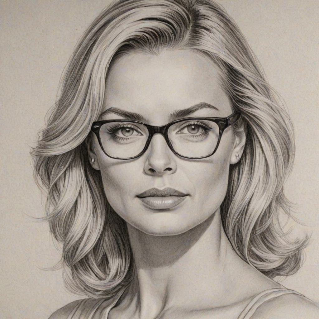 Beauteous Jaime Pressly, pencil sketch, portrait of Beauteous woman 1948s in glasses, hair style beatnik, outline, clear lines, fine lines, 8k