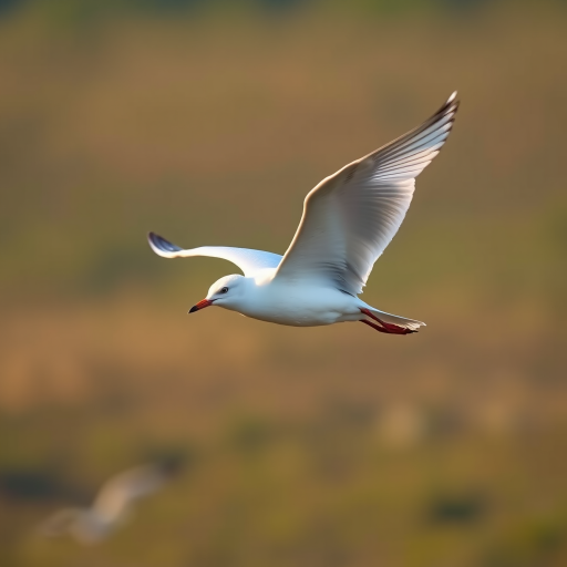 A white bird in flight with outstretched wings, captured in a natural setting with soft, blurred background bokeh, using a DSLR camera with a 70-200mm lens at f/4, ISO 200, 1/1000 second shutter speed, side view, golden hour lighting.