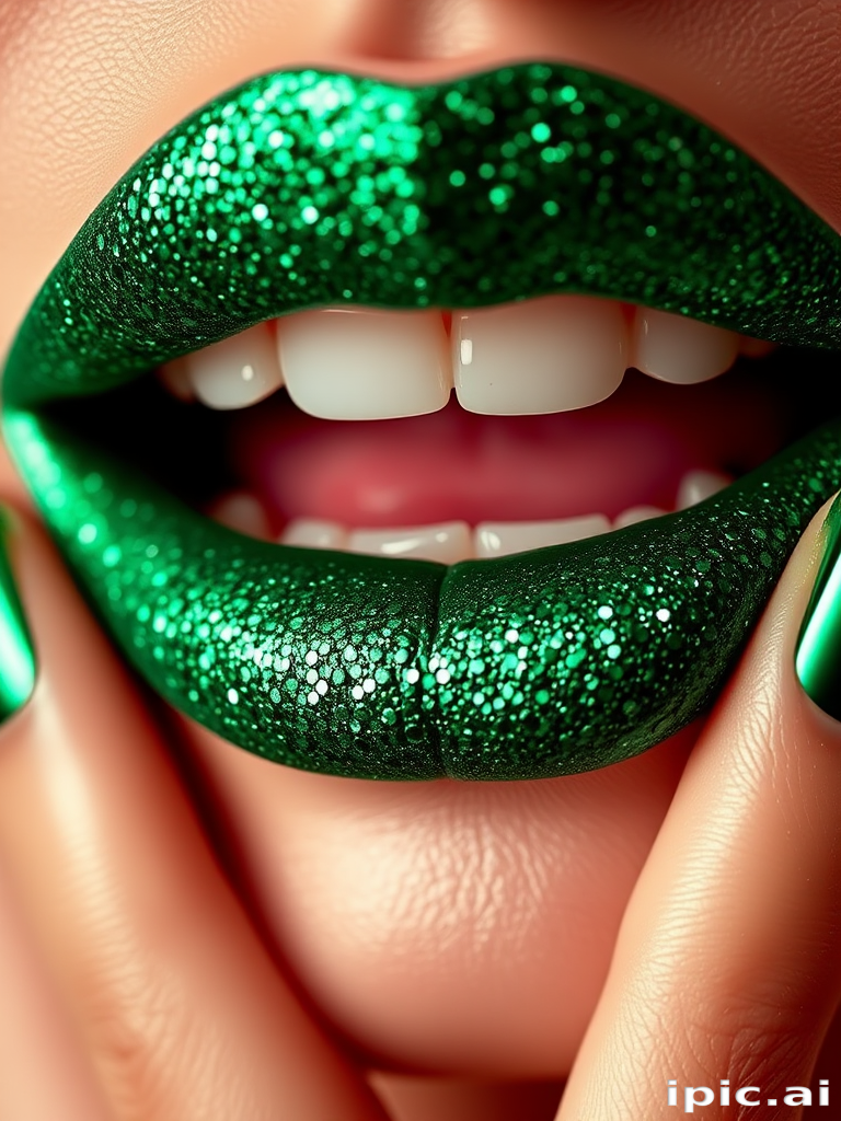 Glittery emerald green lips with a high-impact sparkle, bold and daring, ideal for making a statement at festive events