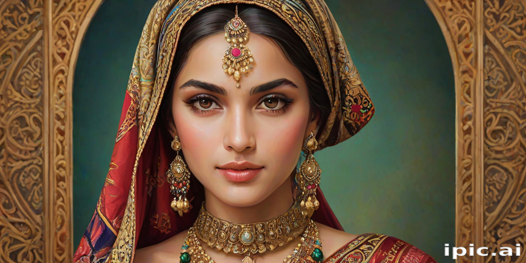 Create a portrait of a beautiful woman with striking hazel eyes and a gentle expression. She is adorned in traditional attire with intricate patterns, including a richly embroidered headscarf and matching garments. Her jewelry includes a delicate headpiece, dangling earrings, and ornate bracelets, all featuring vibrant gemstones and detailed metalwork. The background is soft and warm, enhancing the rich colors of her outfit and jewelry.
