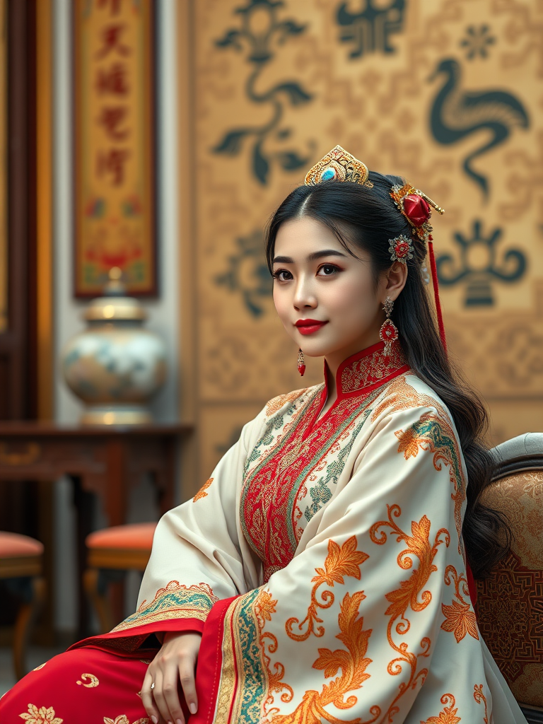 A beautiful Uyghur woman in traditional East Asian attire, intricately detailed with embroidered patterns, sitting gracefully in a richly decorated room, soft ambient lighting, serene and elegant, ultra-realistic, 8K resolution