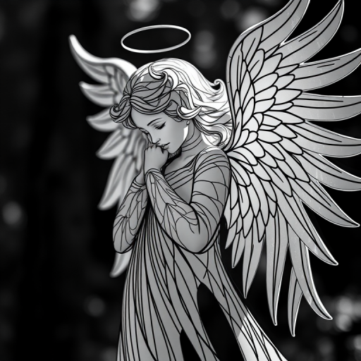 Create a high-contrast black and white abstract image of a stylized angel with intricate lines, using a Canon EOS 5D Mark IV with an aperture of f/4.0, ISO 100, 50mm lens, natural light for soft shadows, with a blurred background to emphasize the details of the angel.