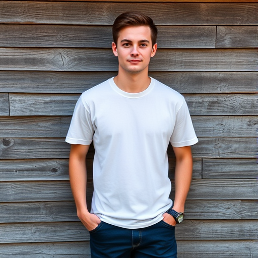 portrait of a young man wearing a plain white t-shirt, standing casually against a rustic wooden wall, captured with a Canon EOS R5, 50mm lens, aperture f/1.8, ISO 100, 1/200s, natural light, vibrant colors