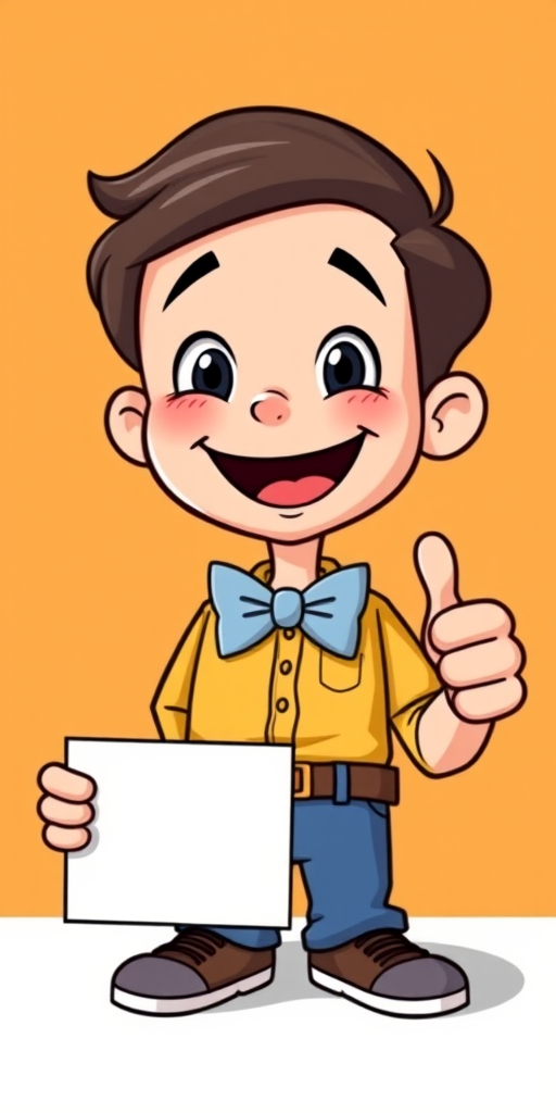 Create a high-quality cartoon illustration of a cheerful boy with a big smile and a bow tie, holding a blank card in one hand and giving a thumbs-up with the other, featuring bright colors and a simple background, captured with a Canon EOS R5, 50mm lens, f/1.8 aperture, 1/200 sec shutter speed, and ISO 100.