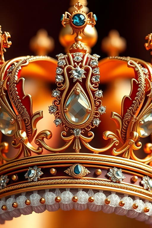 Generate a detailed illustration of an ornate crown with intricate designs, featuring shimmering jewels and a regal appearance, shot with a Canon EOS R5 at f/2.8, ISO 100, 1/200s, in a close-up view with soft lighting to emphasize textures and details.