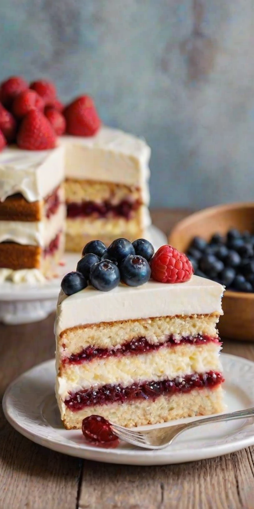 Create an image of a slice of layered cake with a light yellow sponge, filled with raspberry jam and frosted with white buttercream. The cake should be displayed on a decorative white plate, accompanied by fresh raspberries and blueberries on the side. The background should feature a rustic setting with a wooden surface and a bowl of mixed berries.