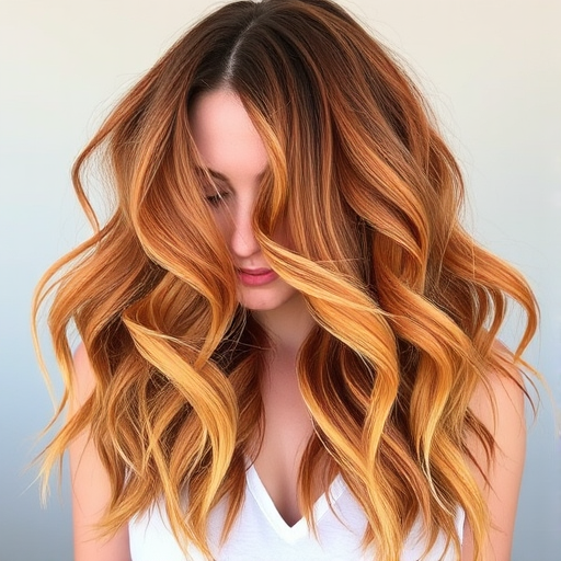 Vibrant copper locks cascading in beachy waves, known as "Sunset Siren," feature sun-kissed highlights and a tousled texture that exudes effortless beauty and carefree elegance