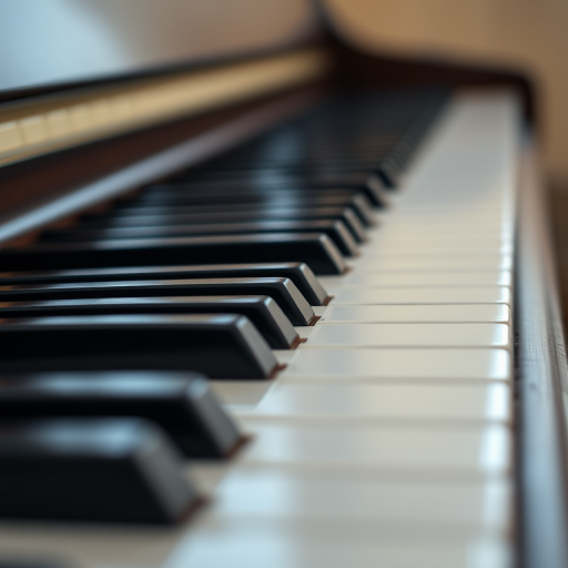 Close-up shot of a piano keyboard, focus on the black and white keys, shallow depth of field, f/2.8 aperture, 50mm lens, natural soft lighting, DSLR camera, 1/125s shutter speed.