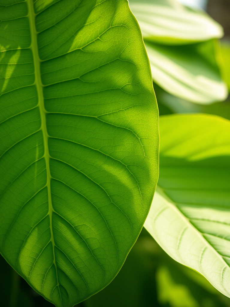 close-up of large green leaves with pronounced veins, soft natural light, depth of field, 50mm lens, f/2.8 aperture, ISO 100, shot with a DSLR camera