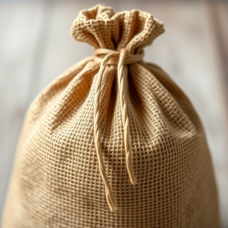 Create a high-resolution image of a brown burlap sack tied at the top with a drawstring, captured from a close-up angle using a DSLR camera with an aperture of f/2.8, ISO 100, and a focal length of 50mm to enhance texture and detail.