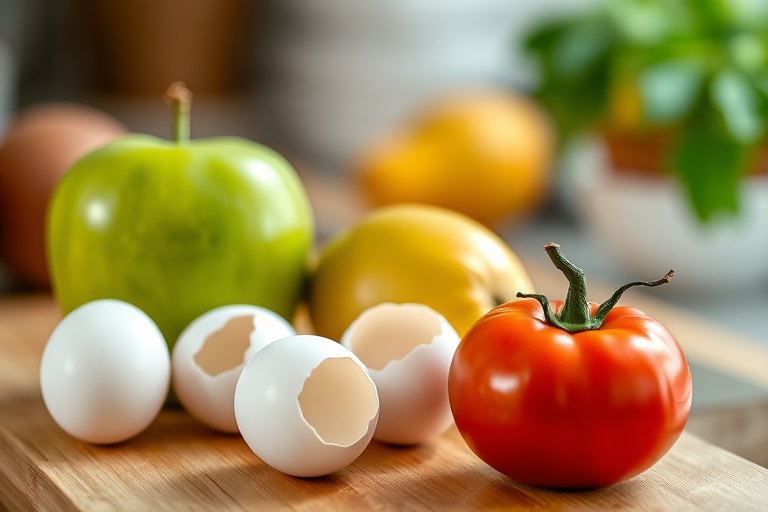 photograph of a green apple, three eggs (one with holes), and a ripe tomato on a wooden countertop, natural lighting, f/2.8 aperture, ISO 100, 50mm lens, shallow depth of field, taken from eye level with a soft focus background