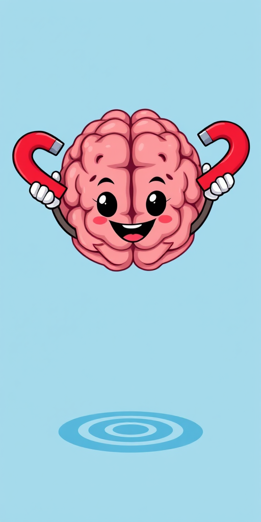 Create a playful illustration of a cartoon brain with cartoonish arms holding red magnets, set against a light blue background, with a slight swirl effect beneath it, using a Canon EOS R5, 50mm lens, f/1.8 aperture, ISO 100, shot in vibrant colors and high contrast for clarity.