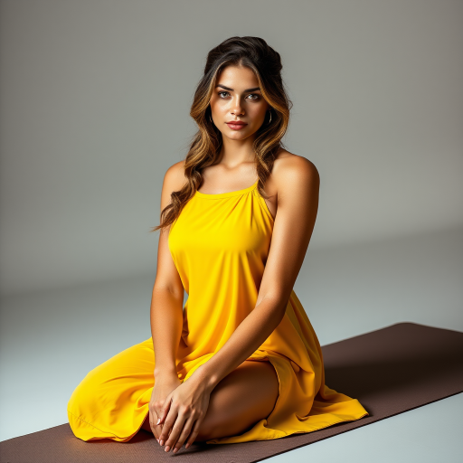Resplendent photo of woman:caucasian:0.4, highlight hair, wearing Banana dress, sitting on Yoga mat, rim lighting, studio lighting, looking at the camera, dslr, ultra quality, sharp focus, tack sharp, dof, film grain, Fujifilm XT3, crystal clear, 8K UHD, highly detailed glossy eyes, high detailed skin, skin pores