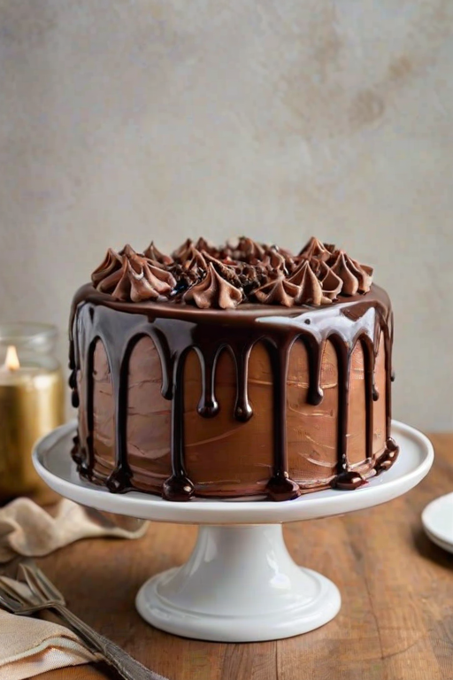 Create an image of a beautifully decorated chocolate cake with a smooth frosting finish and a glossy chocolate ganache drip. The cake should have a decorative border of swirled frosting on top, and it should be presented on a simple, elegant plate. The background should be light and neutral to emphasize the cake's rich colors.