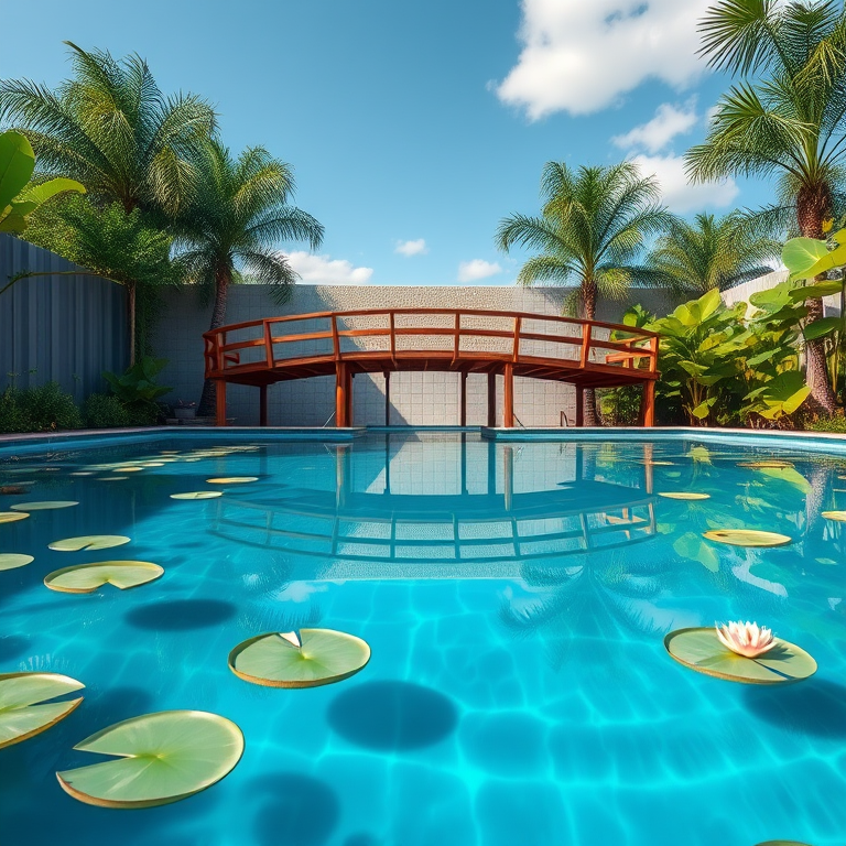 Create a high-resolution digital illustration of a serene swimming pool with a wooden bridge and lily pads, captured with a DSLR camera at f/8 aperture, ISO 100, with a wide-angle lens, using a vibrant color palette and high contrast lighting to enhance details.