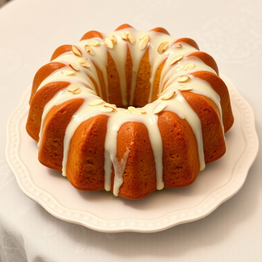 Create an image of a delicious bundt cake topped with a creamy white glaze and sprinkled with sliced almonds, placed on an elegant white plate with a decorative edge, set against a softly patterned tablecloth. The cake should have a golden brown color and a rich texture, with the glaze dripping slightly down the sides.