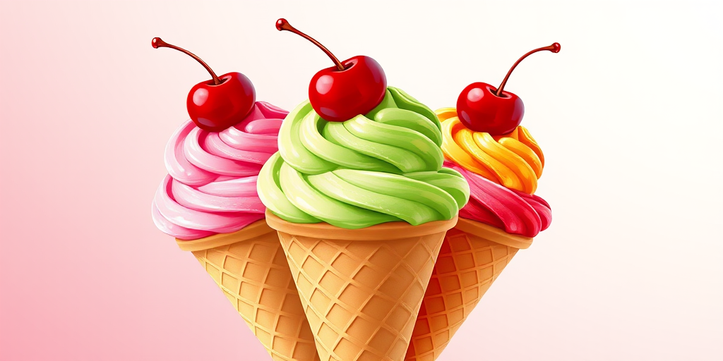 Generate a vibrant, colorful illustration of three ice cream cones with pink, green, yellow, and red scoops, topped with cherries, using a high-resolution digital illustration style, shot from a slightly elevated angle with soft lighting and a focus on the textures of the ice cream and cone, using a DSLR camera with a f/4 aperture and 50mm lens.