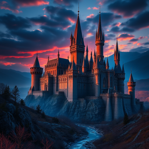 Generate a fantasy landscape featuring a majestic, intricate castle with towering spires and a winding river in the foreground, captured with a DSLR camera at f/8, 1/125s, ISO 200, wide-angle lens, in a dramatic twilight setting with rich shadows and vibrant highlights.