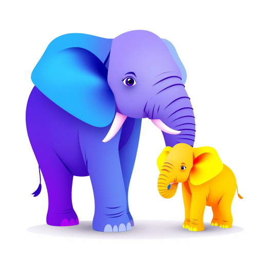 Create a vibrant illustration of three stylized elephants in a gradient of colors from blue to purple to yellow on a white background, with soft shadows for depth, captured using a digital art setup with a high-resolution canvas size of 4000x2000 pixels, ensuring smooth lines and rich color saturation.