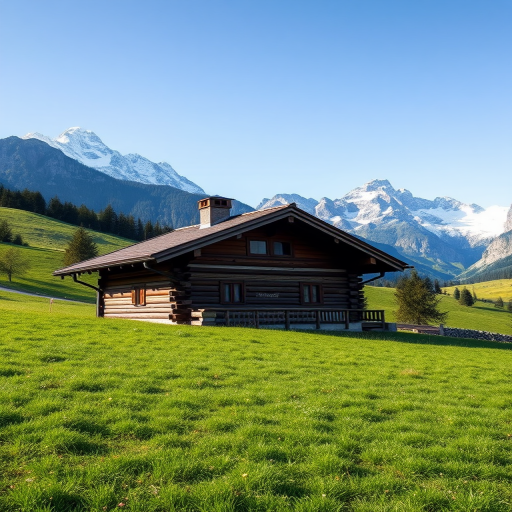 Generate a high-resolution image of a Swiss countryside scene featuring a wooden chalet in the foreground, surrounded by lush green meadows and majestic snow-capped mountains in the background under a clear blue sky, using a full-frame camera with a wide-angle lens, aperture set at f/8, ISO 100, and a shutter speed of 1/200 sec.