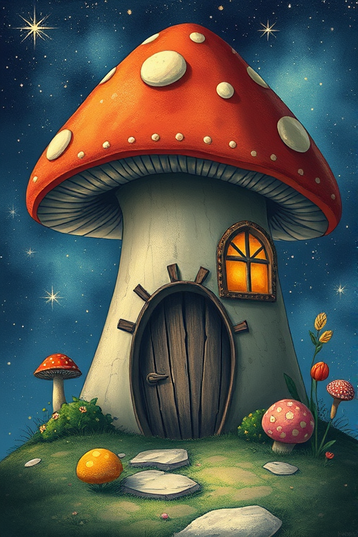 this picture is illustration of a mushroom house with a door and a window, a storybook , fantasy art, mushroom house, bg starry sky, sparkles