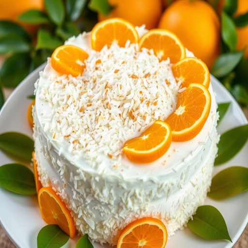 A beautifully decorated cake with a fluffy white frosting topped with a generous layer of coconut flakes and arranged with vibrant orange slices and segments around the edge. The cake is placed on a white plate with fresh green leaves and bright oranges in the background, creating a fresh and inviting atmosphere.