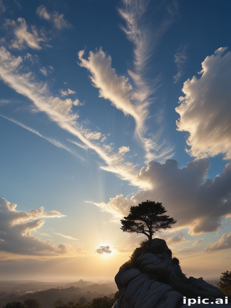 Majestic Sunset Overlooking a Lone Tree on a Rocky Outcrop