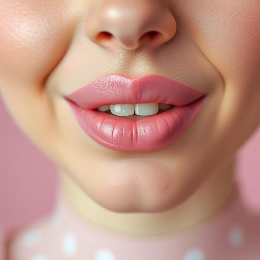 Whimsical pastel pink lips with a matte finish, adorned with delicate white polka dots, creating a playful and feminine look in a retro-inspired portrait